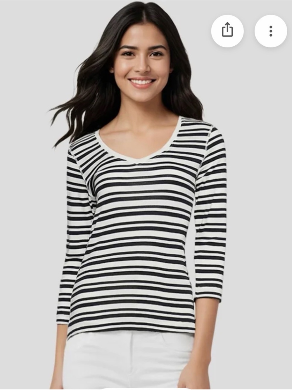 Three Dots Knit 3/4 Sleeve V-Neck Tee | Black Beauty Mature Stripes Size Medium